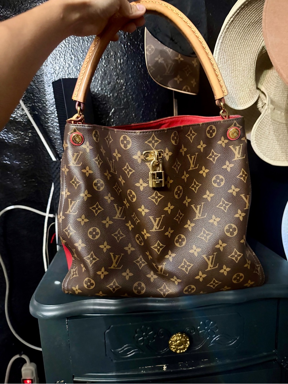 Louis Vuitton Brown Monogram Canvas Shoulder Bag with Red Lining and Tan Handle